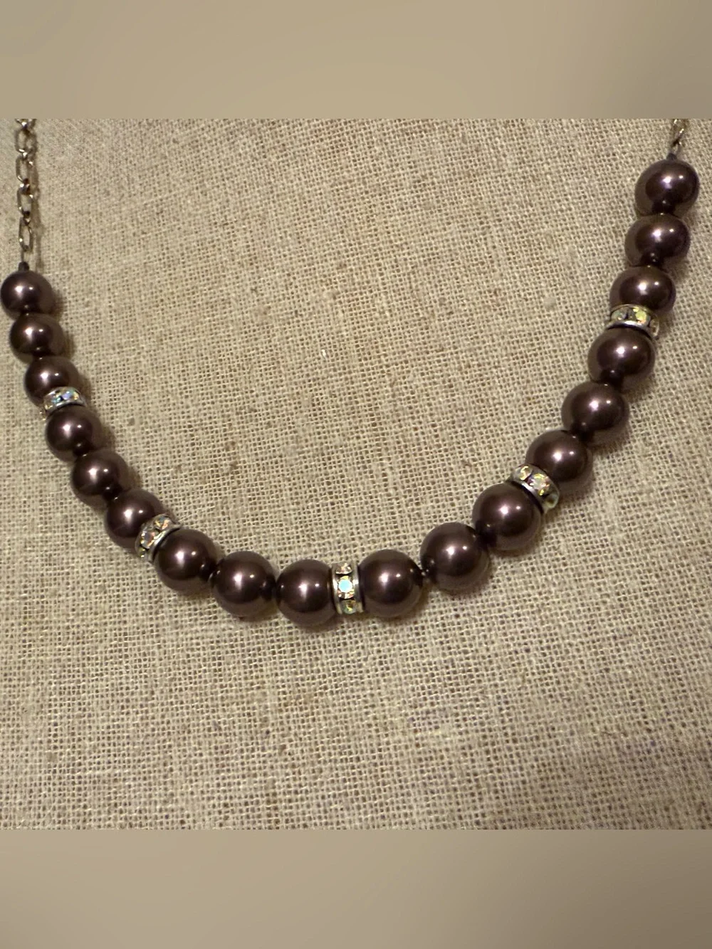 NECKLACE BROWN PEARLS WITH RHINESTONE RONDELLS ROSE GOLD COLOR CHAIN 19”